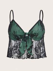 SHEIN ICON Contrast Lace Tie Front Cami Top - Multicolor - View 2