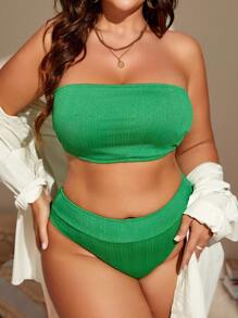 SHEIN Swim Curve 大尺碼純色抹胸比基尼套裝夏日海灘 - 綠色 - 查看 2