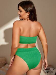 SHEIN Swim Curve 大尺碼純色抹胸比基尼套裝夏日海灘 - 綠色 - 查看 3