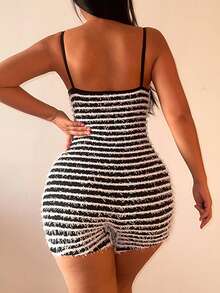 Striped Fuzzy Unitard Romper - Black and White - View 2