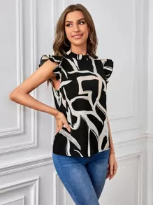 SHEIN Privé Work Women Shirts Allover Print Ruffle Trim Mock Neck Blouse - Black - View 6