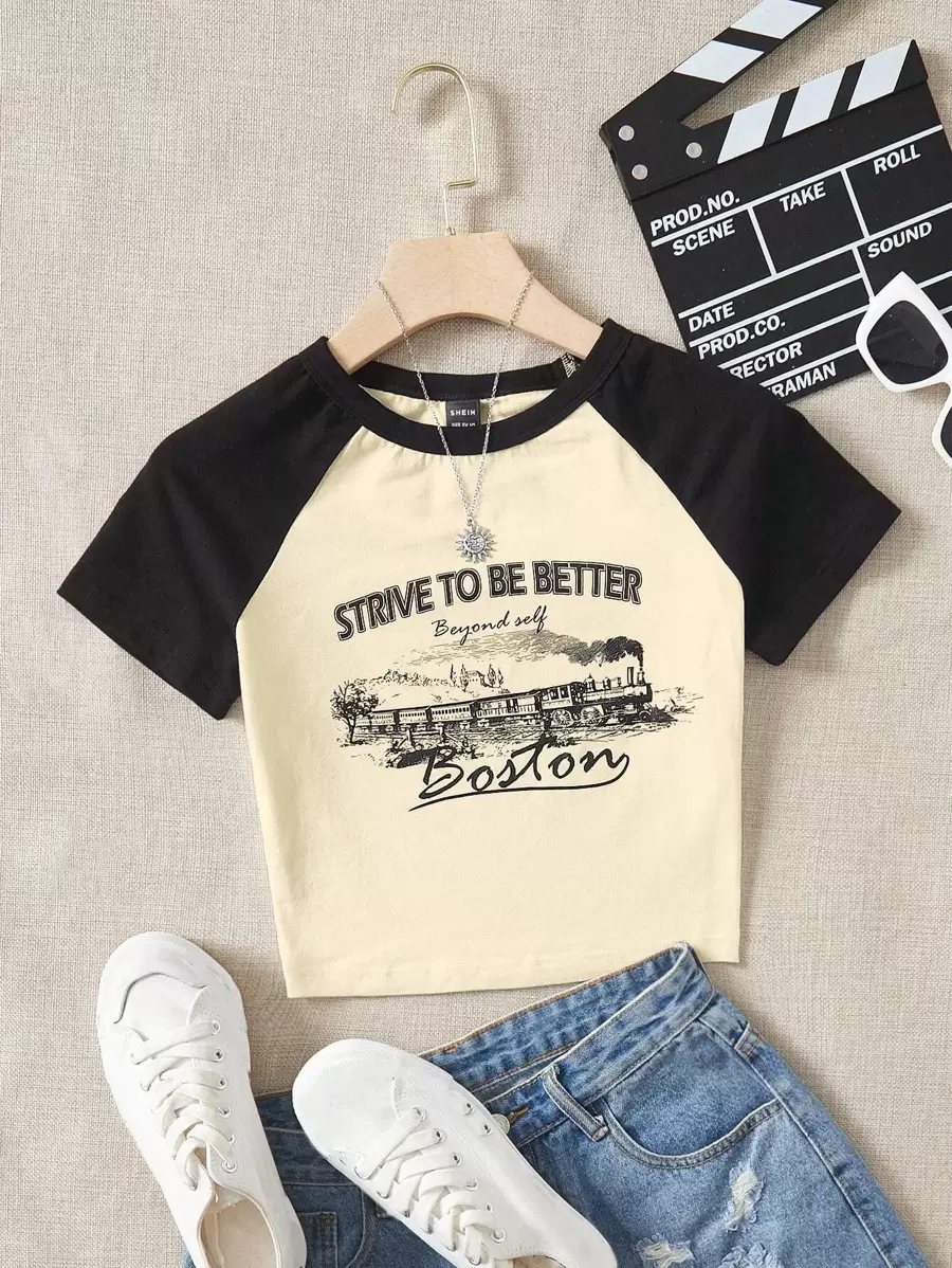SHEIN EZwear Áo thun nữ Ô tô/xe hơi Lá thư Giải trí - Màu be - Xem 1