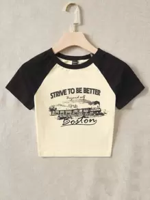 SHEIN EZwear Áo thun nữ Ô tô/xe hơi Lá thư Giải trí - Màu be - Xem 5