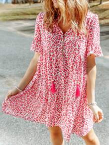 CILKOO 豹紋印花流蘇前繫帶荷葉袖荷葉邊娃娃裙