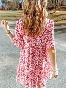 CILKOO 豹紋印花流蘇前繫帶荷葉袖荷葉邊娃娃裙