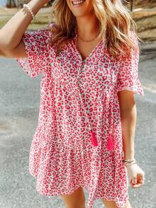 CILKOO 豹紋印花流蘇前繫帶荷葉袖荷葉邊娃娃裙