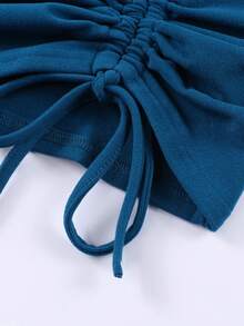 CILKOO Solid Drawstring Front Asymmetrical Neck Ruched Bodycon Dress - Teal Blue - View 8