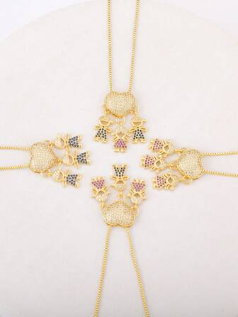 1入組時尚銅方晶鋯石人像和心形墜飾項鍊適合女士適用於約會禮物