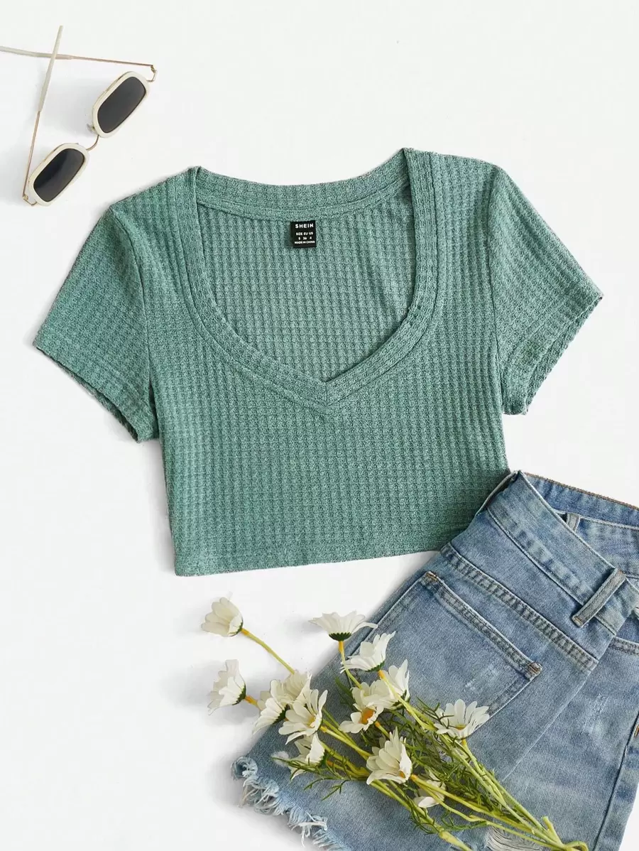 SHEIN EZwear 大圓領短款上衣 - 青碧色 - 查看 1