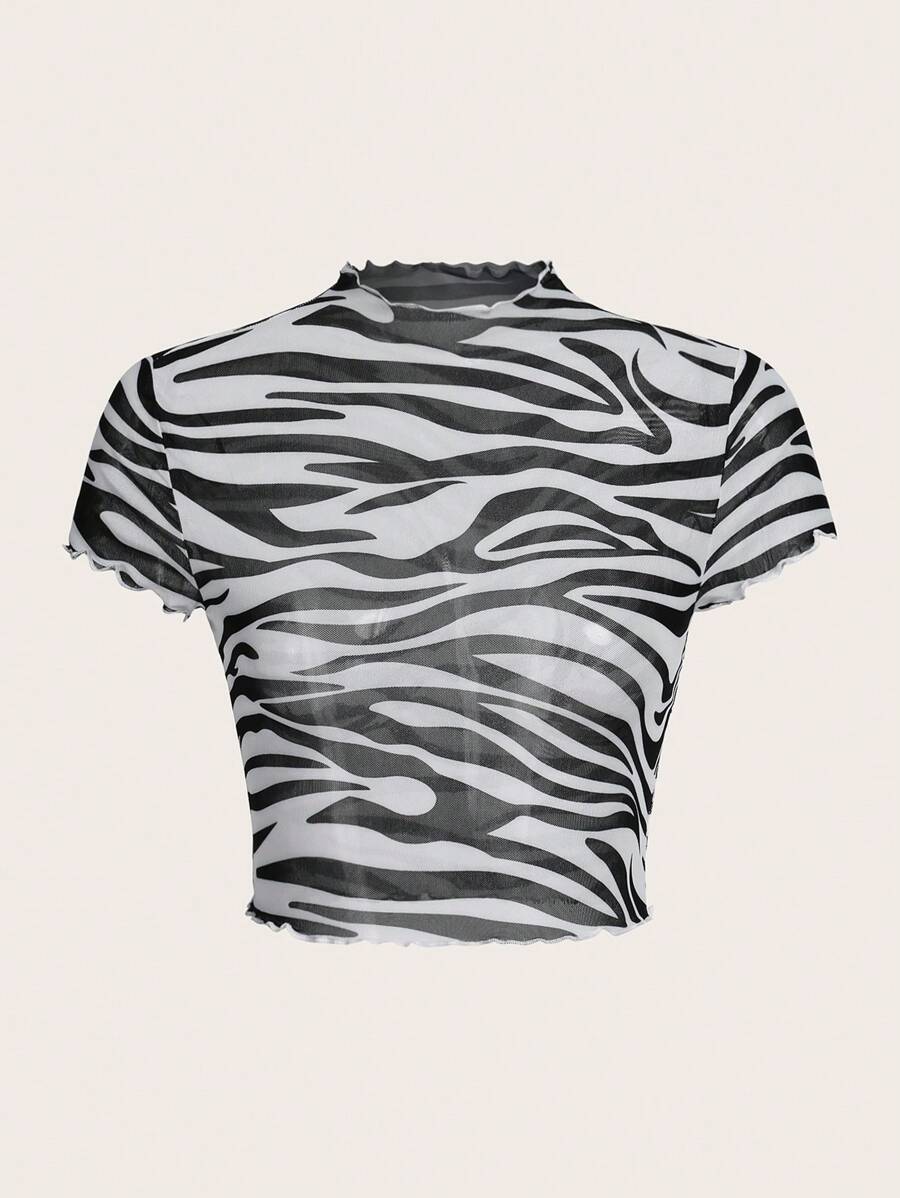 SHEIN ICON 斑馬紋木耳邊短款網紗上衣不附胸罩 - 黑與白 - 查看 1