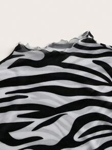 SHEIN ICON 斑馬紋木耳邊短款網紗上衣不附胸罩 - 黑與白 - 查看 3