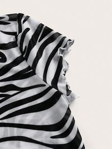 SHEIN ICON 斑馬紋木耳邊短款網紗上衣不附胸罩 - 黑與白 - 查看 4