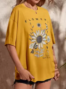 SHEIN LUNE Camiseta de hombros caídos con estampado floral con mariposa
