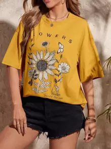 SHEIN LUNE Camiseta de hombros caídos con estampado floral con mariposa