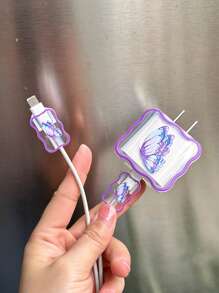 3入組蝴蝶樣式數據線保護頭和充電頭套套裝適用於iphone充電器 - 彩色 - 查看 3