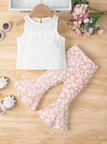 SHEIN Baby Ruffle Trim Schiffy Tank Top & Floral Print Flare Leg Trousers - Multicolor - View 1