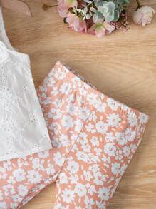 SHEIN Baby Ruffle Trim Schiffy Tank Top & Floral Print Flare Leg Trousers - Multicolor - View 4