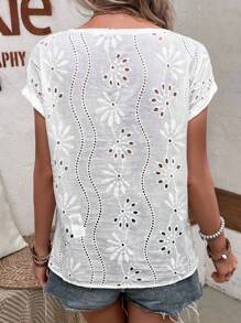 EMERY ROSE 孔眼刺绣蝙蝠袖衬衫，短袖上衣