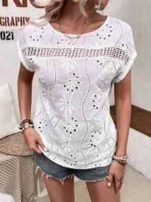 EMERY ROSE 孔眼刺绣蝙蝠袖衬衫，短袖上衣