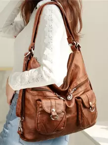 時尚設計師女包復古皮革女士肩袋大容量女手提包郵差包斜挎包 - 棕色 - 查看 1