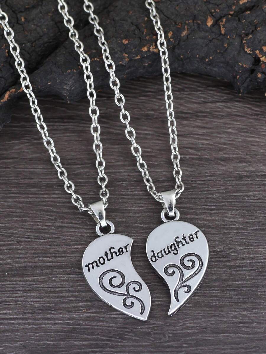 2 Cái/bộ Thời Trang Hợp Kim Kẽm Chữ Chi Tiết Dây Chuyền Trái Tim Vòng Cổ Cho Nữ Quà Tặng Của Mẹ - Màu Bạc Cổ - Xem 1