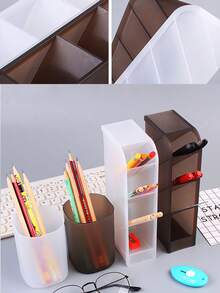 1pc Solid Color Clear Pen Holder, Simple Multi-purpose Desktop Stationery Storage Box For Office, Student Stationery Storage - Black - View 3