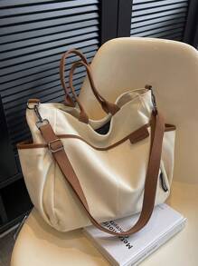 Contrast Binding Shopper Bag Multi-Pocket Casual School Bag For Graduate, Teen Girls, Freshman, Sophomore, Junior & Senior In College, University & High School, Perfect For Outdoors ,Travel & Back To School, Tote Bags For Students, Multiple Compartments, Perfect For Beach, School, Work & Daily Use