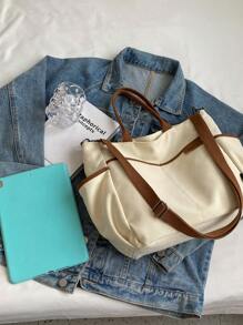 Contrast Binding Shopper Bag Multi-Pocket Casual School Bag For Graduate, Teen Girls, Freshman, Sophomore, Junior & Senior In College, University & High School, Perfect For Outdoors ,Travel & Back To School, Tote Bags For Students, Multiple Compartments, Perfect For Beach, School, Work & Daily Use