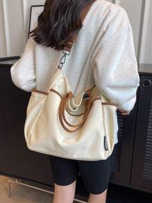 Contrast Binding Shopper Bag Multi-Pocket Casual School Bag For Graduate, Teen Girls, Freshman, Sophomore, Junior & Senior In College, University & High School, Perfect For Outdoors ,Travel & Back To School, Tote Bags For Students, Multiple Compartments, Perfect For Beach, School, Work & Daily Use