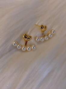 1雙時尚不銹鋼愛心和人造珍珠裝飾耳夾適合女士日常裝飾 - 金黃色 - 查看 2