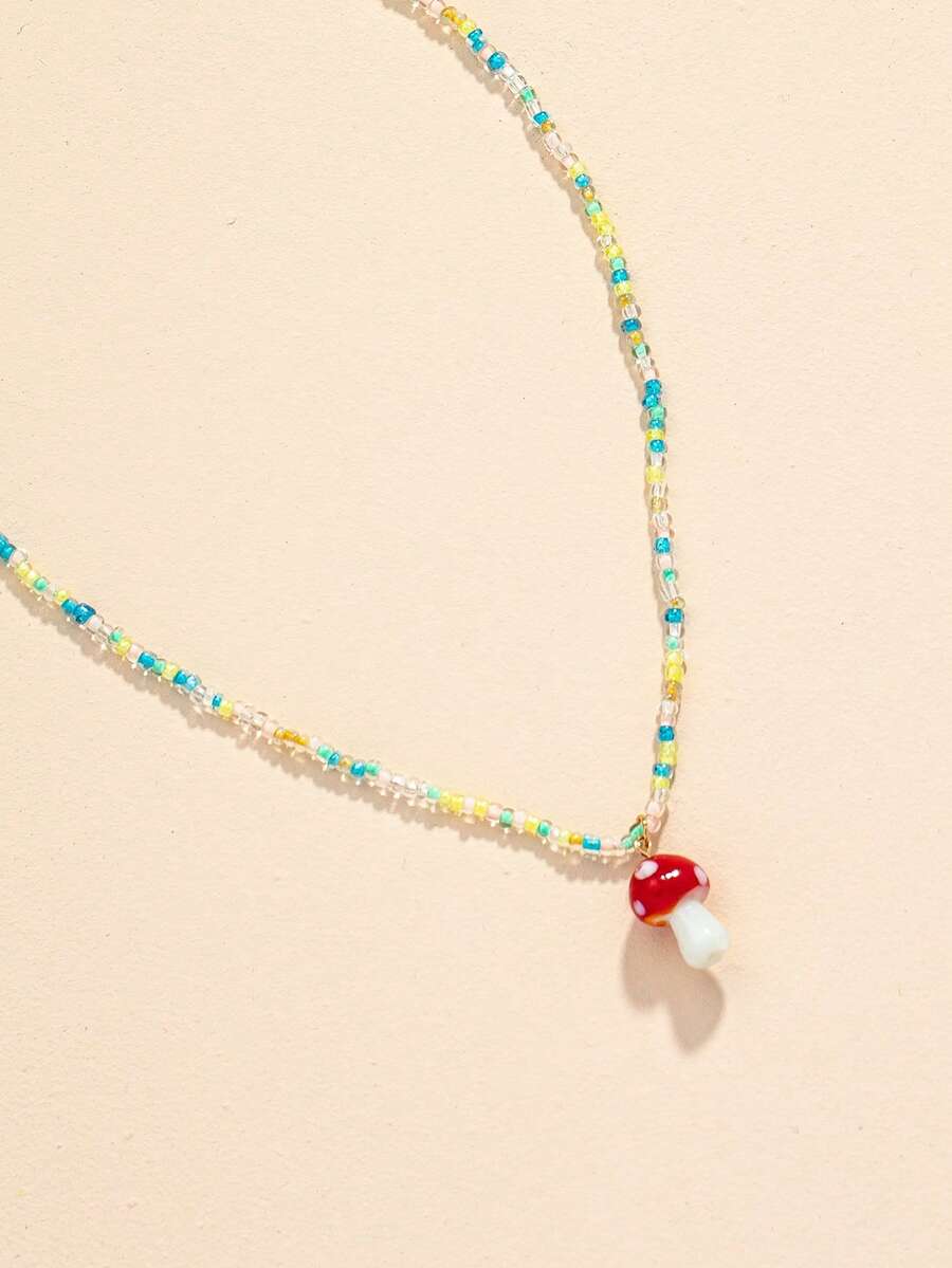 1入組可愛玻璃蘑菇吊飾串珠項鍊女式節日裝飾 - 彩色 - 查看 1