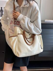 Contrast Binding Shopper Bag Multi-Pocket Casual School Bag For Graduate, Teen Girls, Freshman, Sophomore, Junior & Senior In College, University & High School, Perfect For Outdoors ,Travel & Back To School, Tote Bags For Students, Multiple Compartments, Perfect For Beach, School, Work & Daily Use