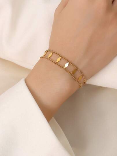 1pc Fashion Simple Stainless Steel Rhombus Detail Chain Bracelet For Women For Daily Decoration