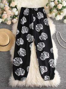 Flirla Quần Plus Size Nhiệt đới Giải trí - màu đen - Xem 1