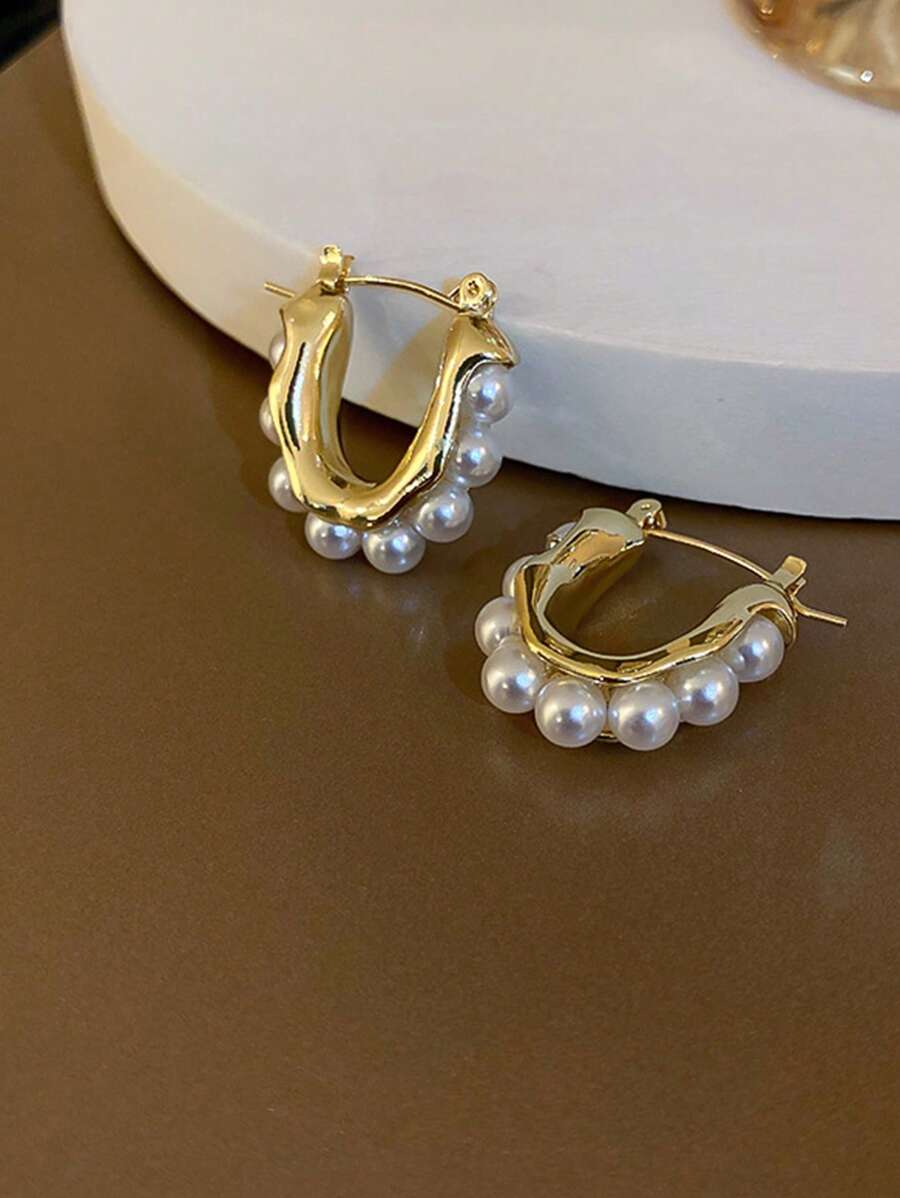 1 đôi Thanh lịch Thép không gỉ Đồ trang trí Ngọc Trai giả Vòng khuyên tai Đối với phụ nữ Để Trang Trí Hàng Ngày - Vàng - Xem 1