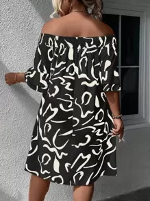 SHEIN Plus Allover Print Off Shoulder Flounce Sleeve Dress - Black and White - View 2