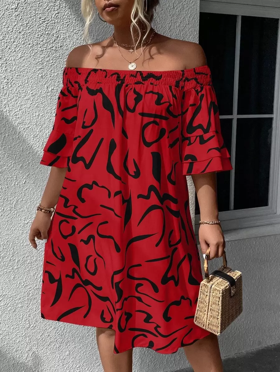 Breezaya Plus Allover Print Off Shoulder Flounce Sleeve Dress - Red - View 1