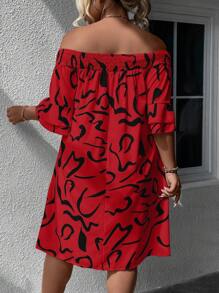 Breezaya Plus Allover Print Off Shoulder Flounce Sleeve Dress - Red - View 2