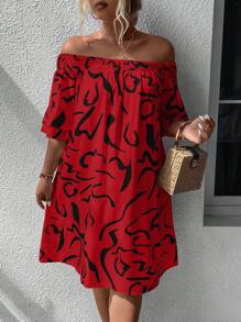 Breezaya Plus Allover Print Off Shoulder Flounce Sleeve Dress - Red - View 3