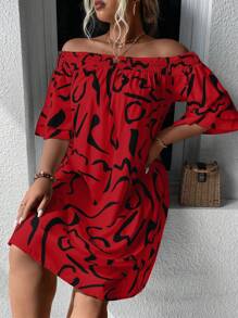 Breezaya Plus Allover Print Off Shoulder Flounce Sleeve Dress - Red - View 6