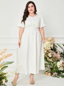 Mulvari Đầm Plus Size Nút phía trước Dải chun màu trơn Giải trí - trắng - Xem 3