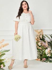 Mulvari Đầm Plus Size Nút phía trước Dải chun màu trơn Giải trí - trắng - Xem 4