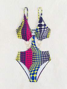 Allover Print Cut Out Chain Detail Cut Out Waist One Piece Swimsuit For Summer Beach Vacation - Multicolor - View 3