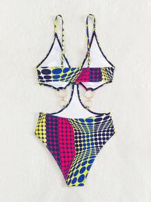 Allover Print Cut Out Chain Detail Cut Out Waist One Piece Swimsuit For Summer Beach Vacation - Multicolor - View 4