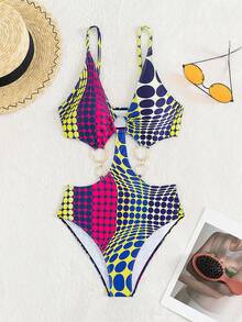 Allover Print Cut Out Chain Detail Cut Out Waist One Piece Swimsuit For Summer Beach Vacation - Multicolor - View 7