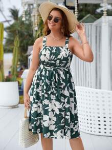 SHEIN VCAY Plus Floral Print Belted Cami Dress - Green - View 3