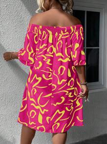Breezaya Plus Allover Print Off Shoulder Flounce Sleeve Dress - Hot Pink - View 2