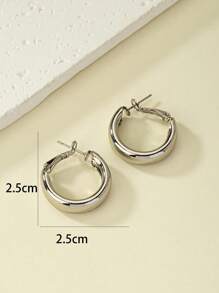 1雙時尚鐵合金極簡圓耳環適合女士日常裝飾 - 銀色 - 查看 4