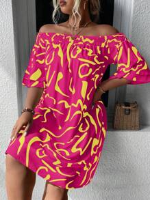 Breezaya Plus Allover Print Off Shoulder Flounce Sleeve Dress - Hot Pink - View 5