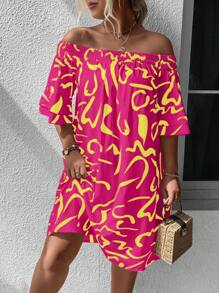 Breezaya Plus Allover Print Off Shoulder Flounce Sleeve Dress - Hot Pink - View 6